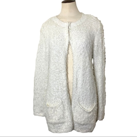 DENVER Hayes Cozy Soft Fuzzy Eye Lashes White Knit Cardigan Sweater & Pockets L - Picture 1 of 11